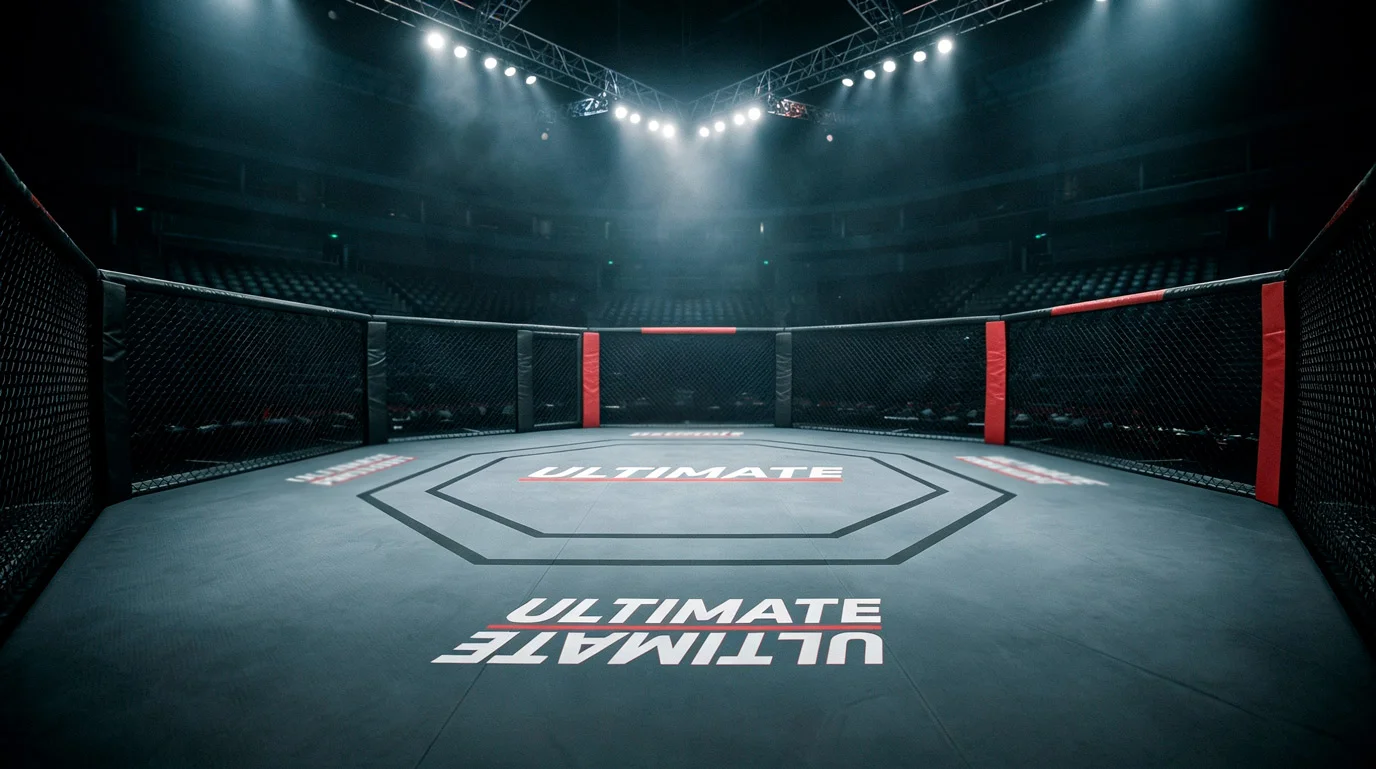 UFC octagon with data analytics overlay showing fight statistics and betting odds for UK punters