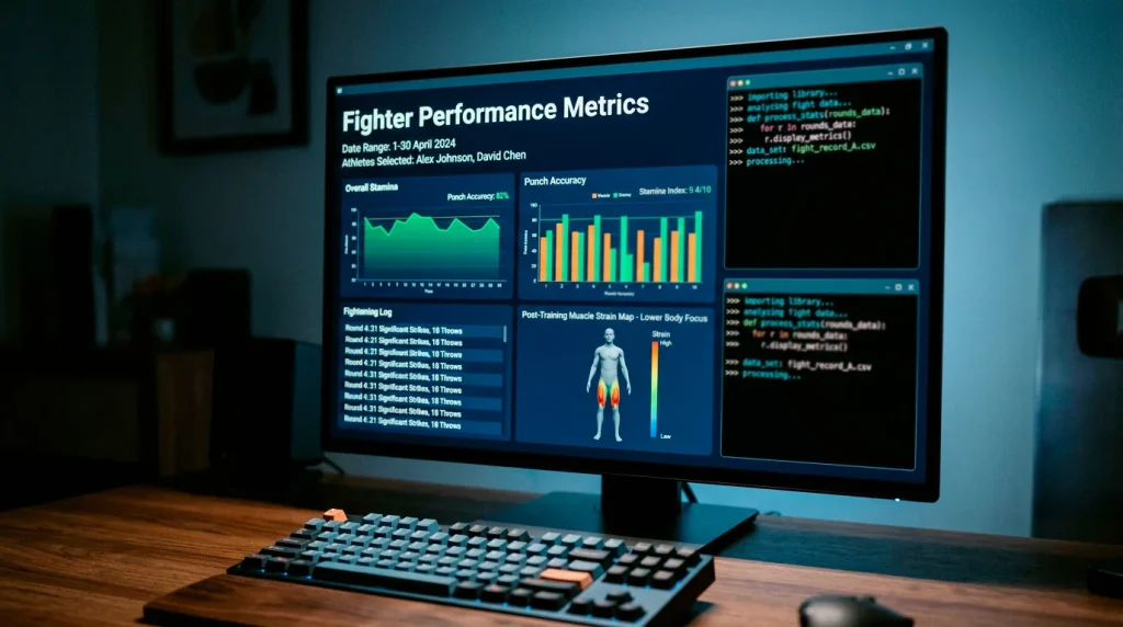 Computer monitor displaying a machine learning model with UFC fight data inputs