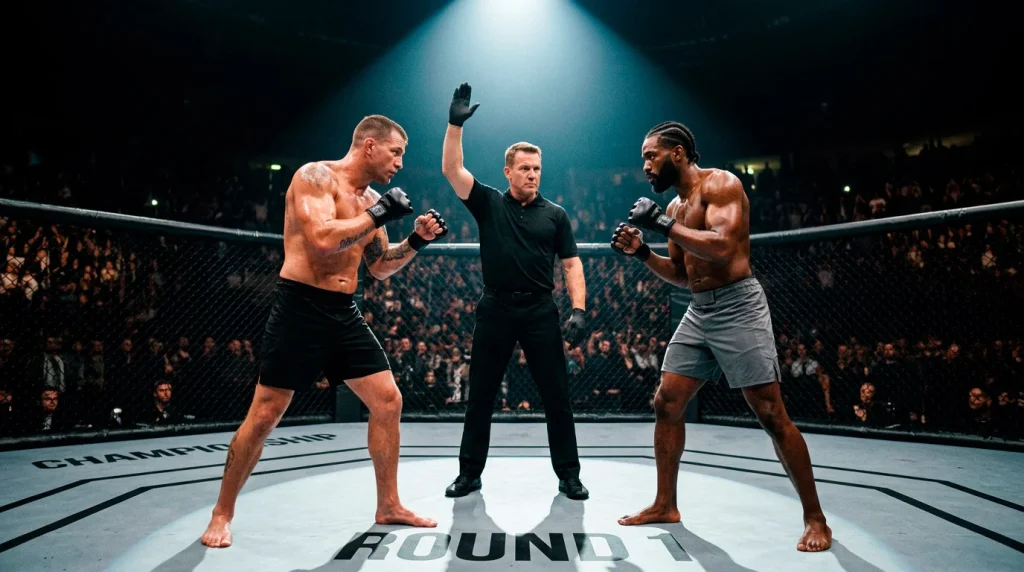 Close-up of a UFC referee inspecting two fighters before a bout inside the octagon
