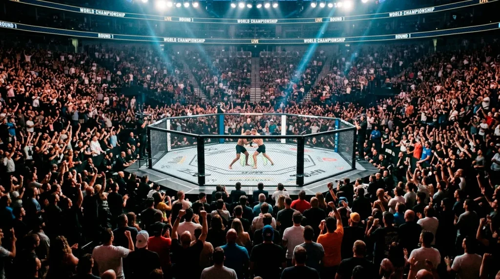 Packed UFC arena during a live event with bright spotlights on the octagon
