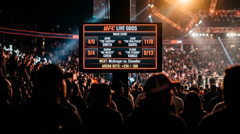 UFC betting odds displayed on a sportsbook screen at a live MMA event in the UK