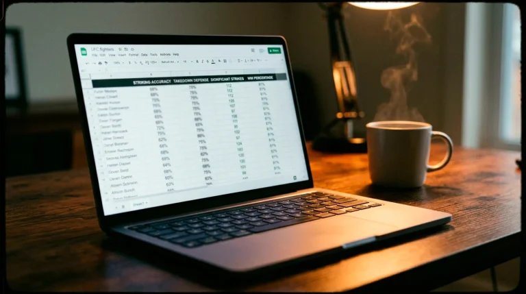 Close-up of a laptop screen displaying UFC fight statistics and data charts
