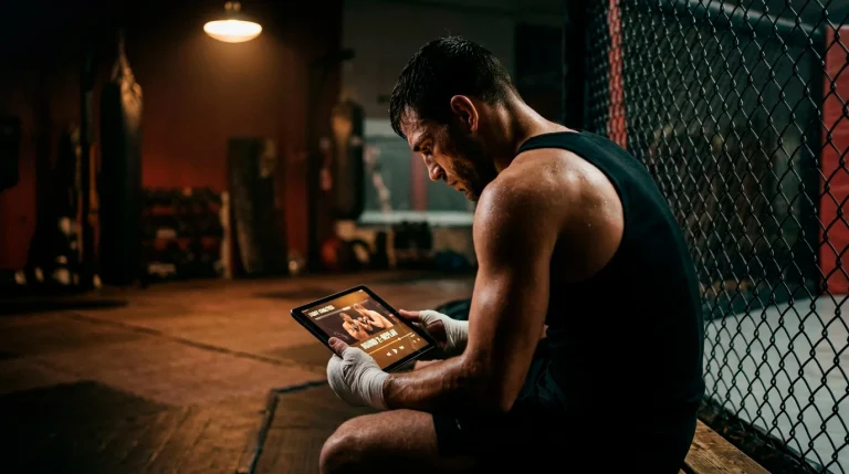 MMA fighter analysing opponent footage before a UFC bout as part of fight preparation
