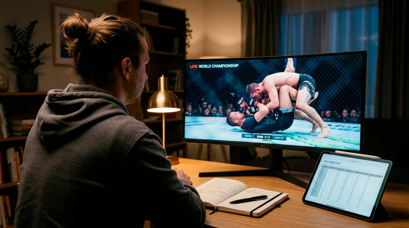 MMA analyst reviewing fighter statistics and fight footage on screen before placing a UFC bet