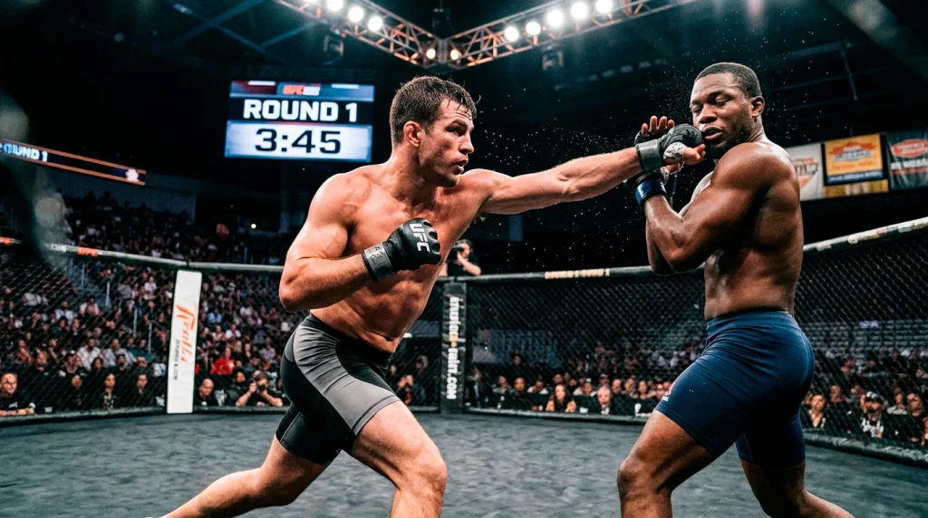 MMA fighter throwing a significant strike during a UFC bout inside the octagon