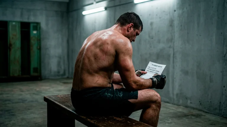 UFC fighter in the octagon with a scoreboard showing bout purse details