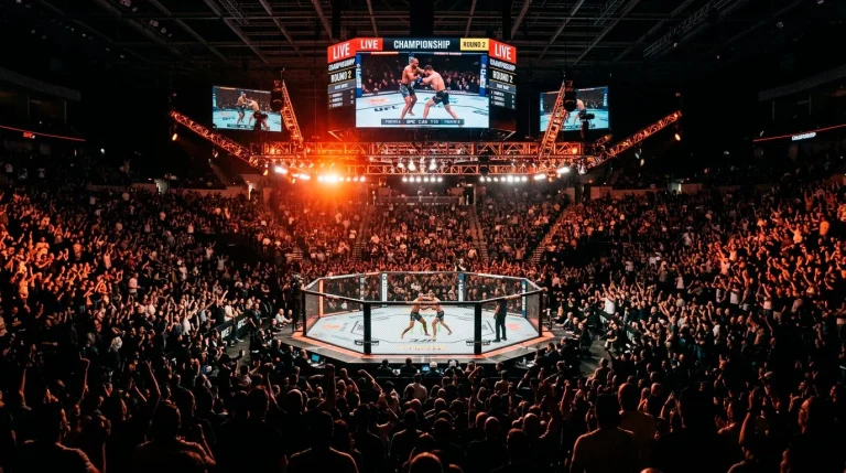 Crowd watching a live UFC fight at an arena with the octagon brightly lit under spotlights