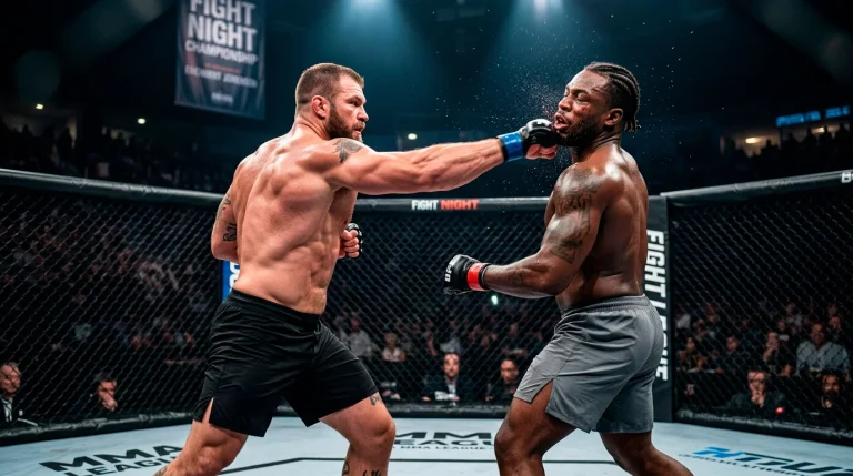 UFC heavyweight fighter delivering a knockout punch inside the octagon during a bout