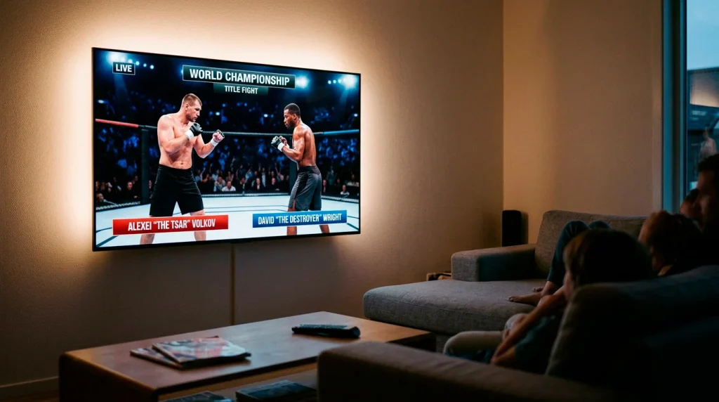 Television screen showing a UFC broadcast with event graphics and fighter introductions