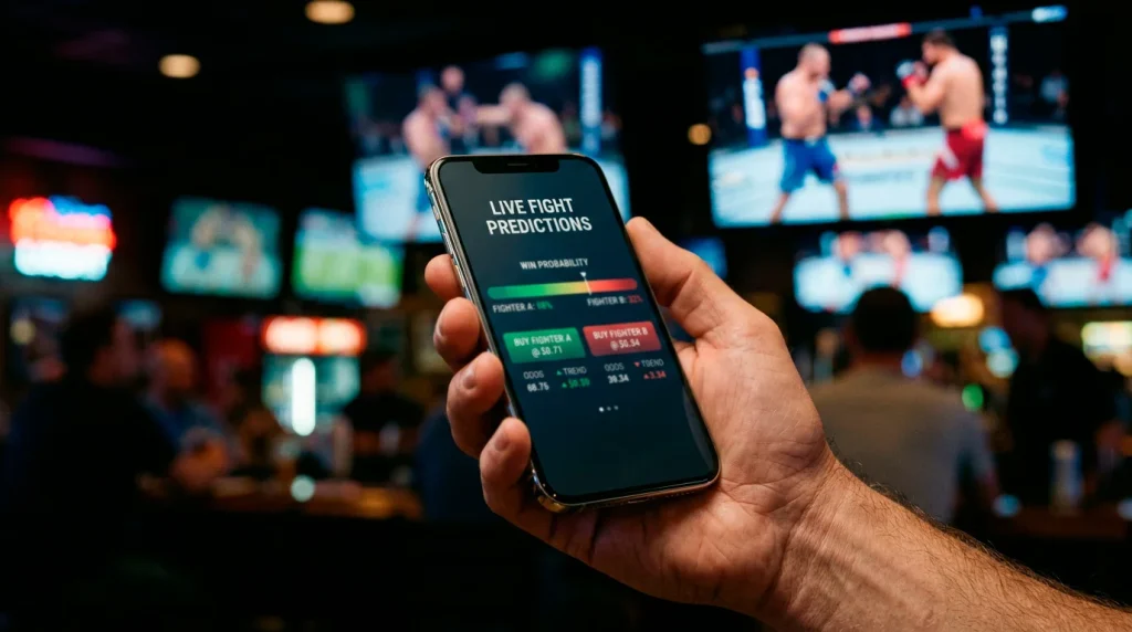 Smartphone showing a prediction market interface with UFC fight probability shares