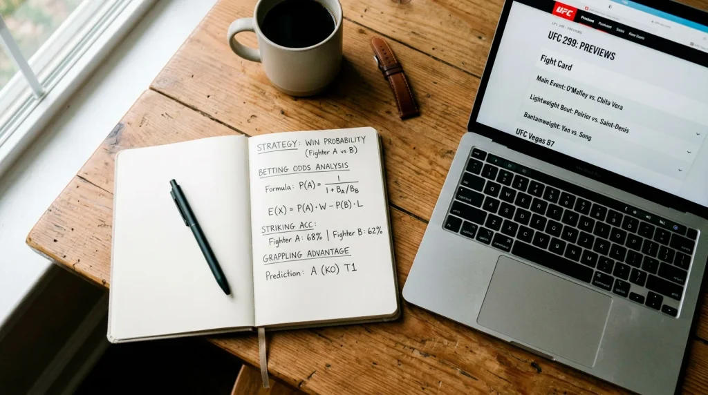 Notebook with handwritten UFC odds calculations next to a laptop showing fight card