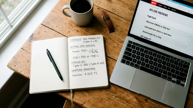 Notebook with handwritten UFC odds calculations next to a laptop showing fight card