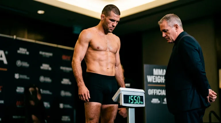 UFC fighter standing on a digital scale during an official weigh-in ceremony